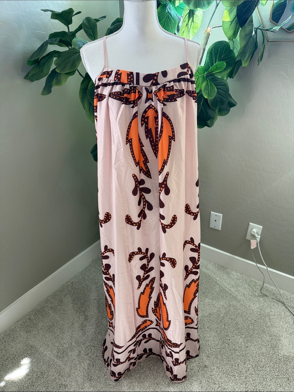 Maxi Dress with Orange & Brown Paisley Print with very light pink background